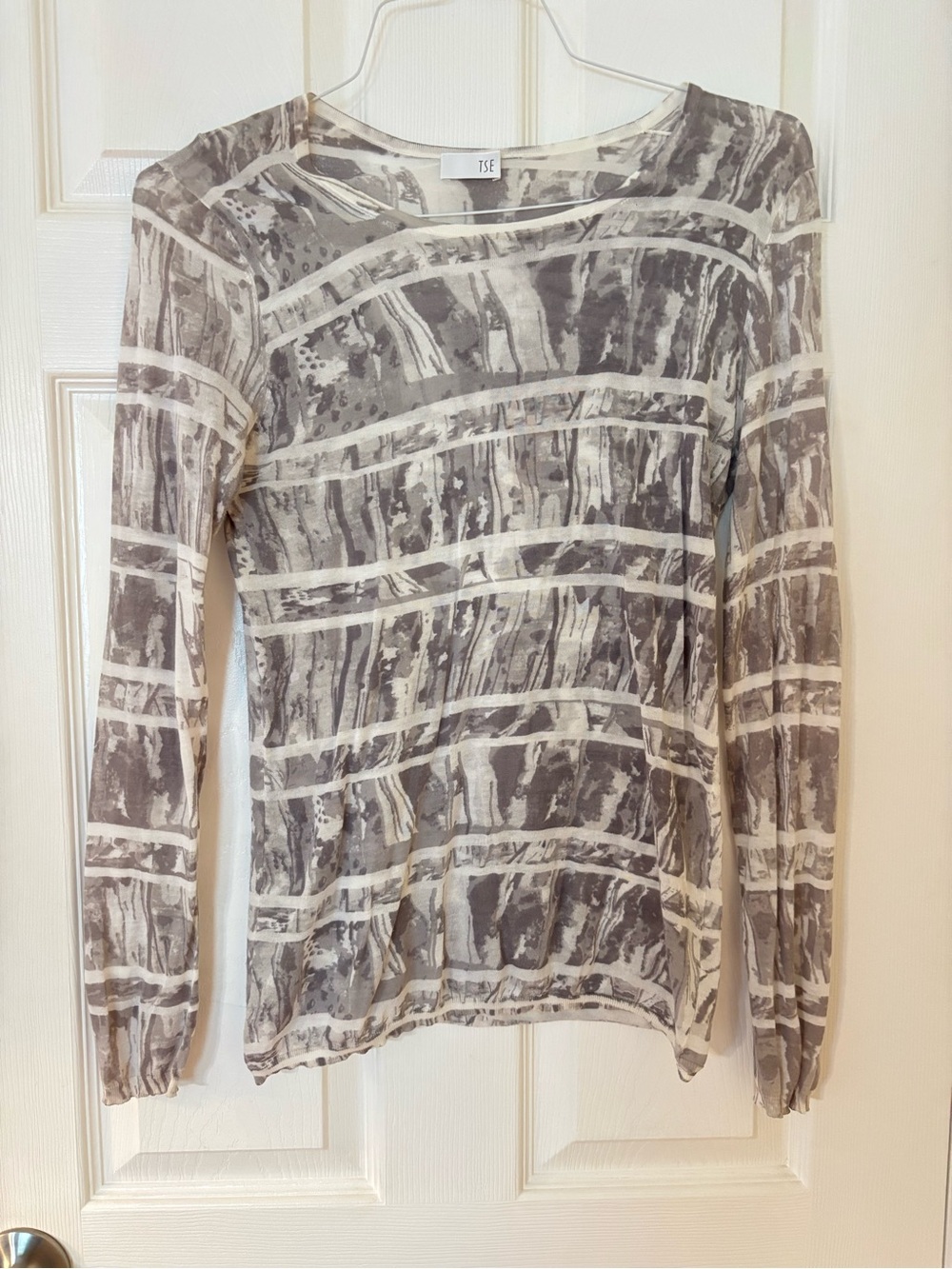 TSE Women's Cream and Gray Abstract Stripe Long Sleeve Top size Medium
